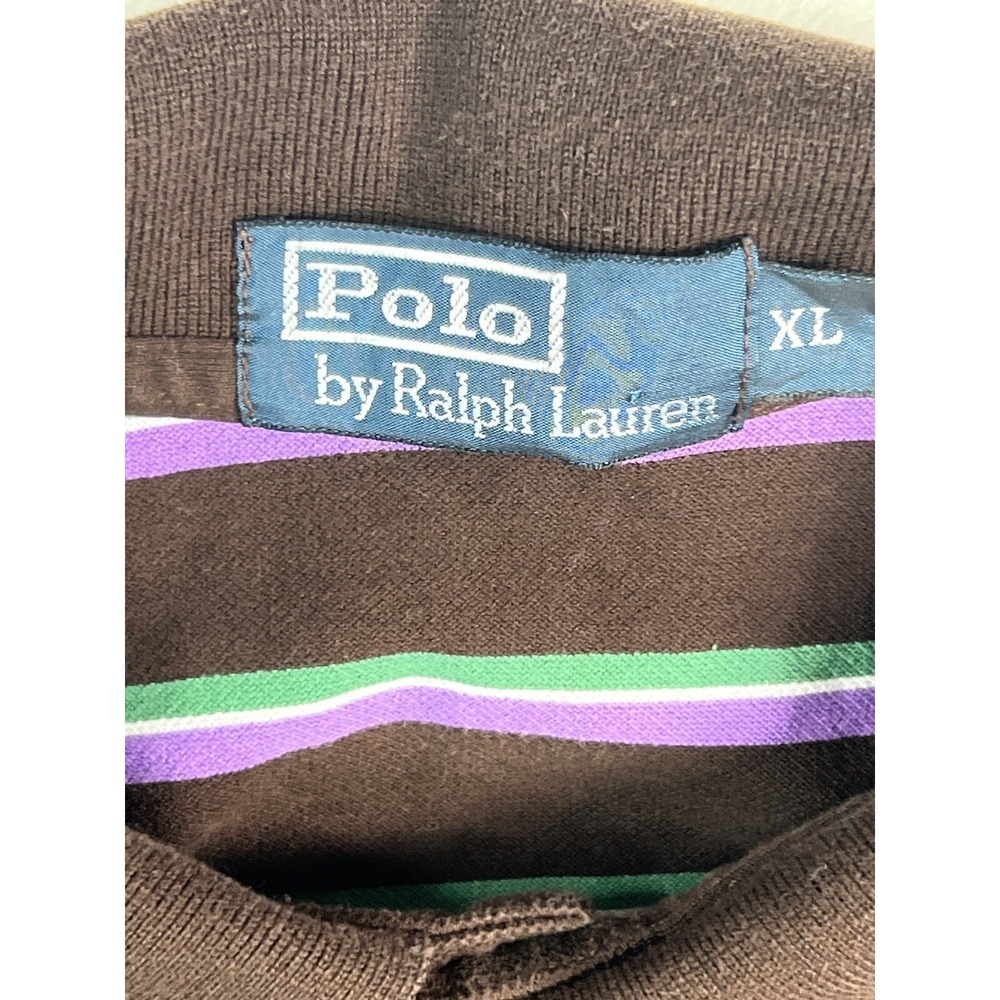 Men's Vintage Polo Ralph Lauren Striped  Polo Shirt Brown‎ Purple Green Size XL - Picture 4 of 10